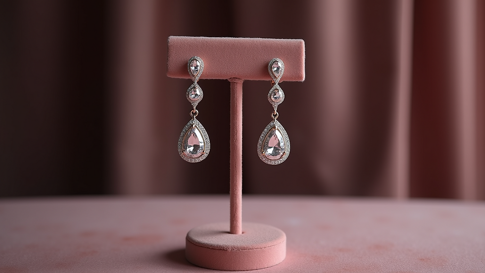 Eye-level view of a beautiful pair of diamond drop earrings displayed on a velvet stand