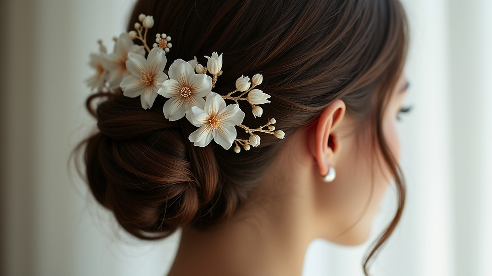 Close-up view of delicate handcrafted bridal hairpiece with floral details