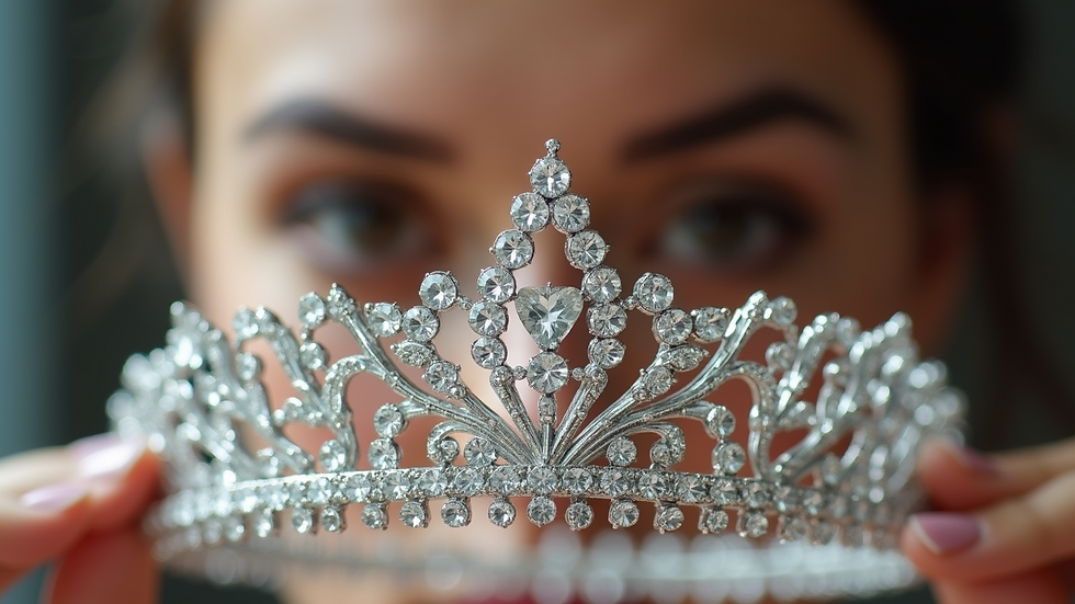 Eye-level view of bridal tiara with intricate crystal design