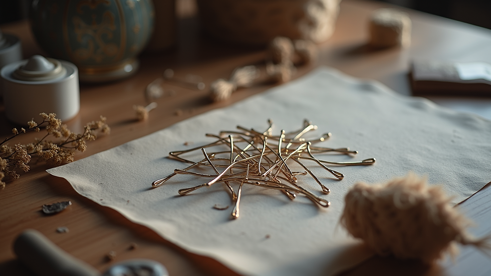 High angle view of a crafting table with materials for hair pins