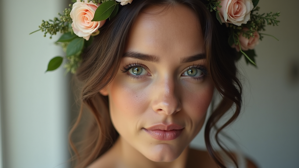 Eye-level view of a bride with loose waves wearing a floral crown