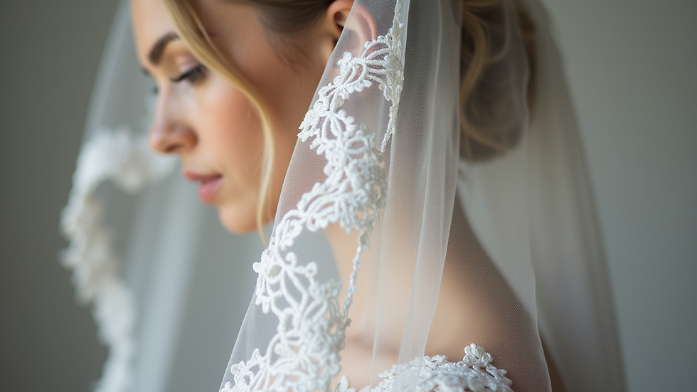 Close-up view of a handcrafted bridal veil with intricate lace details
