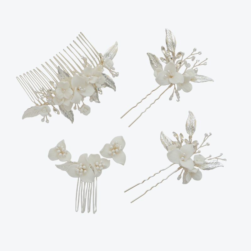 Thumbnail: Porcelain Clay Flower Hairpins Set of 2, Bridal Updo White Flower Headpiece