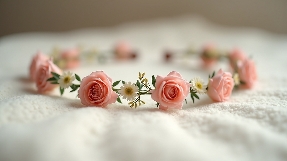 Eye-level view of a delicate floral headband on a soft surface