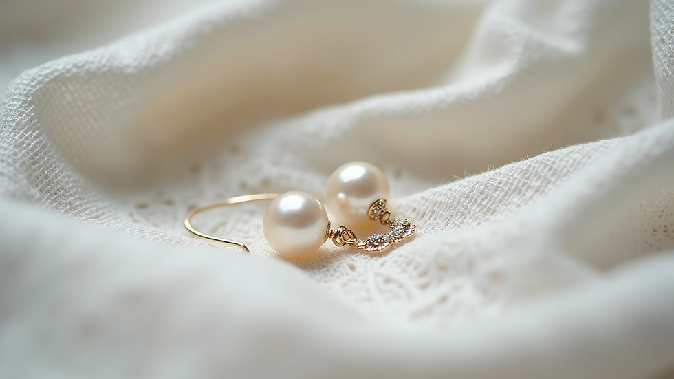 Close-up view of elegant pearl drop earrings on a white lace fabric