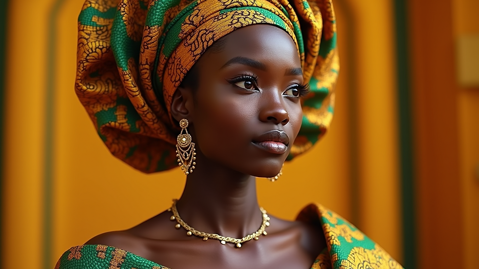 Eye-level view of a vibrant Nigerian gele showcasing intricate fabric
