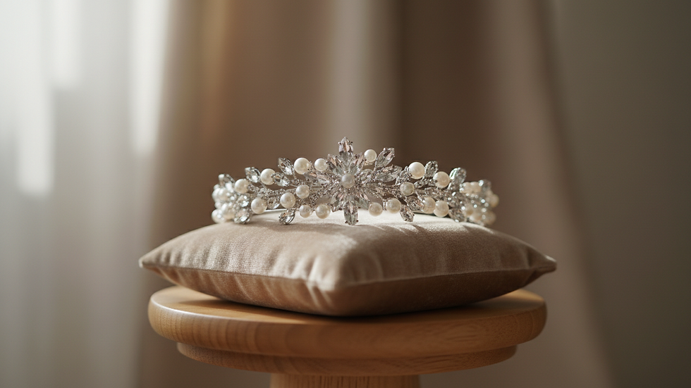 Eye-level view of bridal tiara with crystals and pearls on display