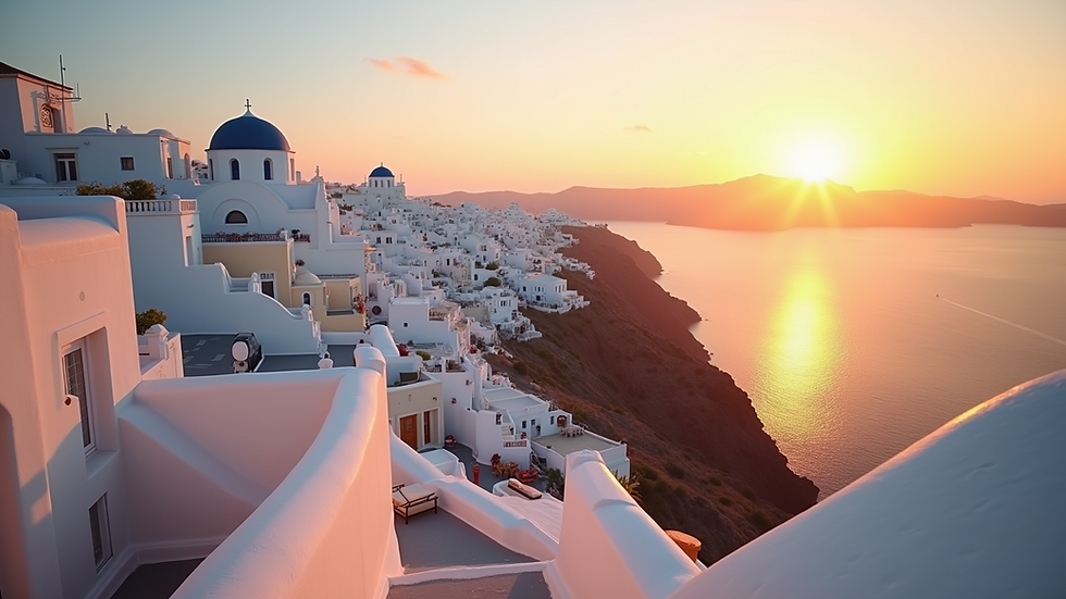 Wide angle view of Santorini's iconic white-washed buildings with a breathtaking sunset