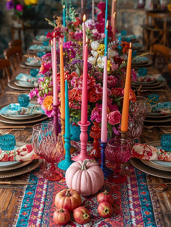 create an eclectic, colorful boho thanksgiving tablescape with pinks, turquoise and bright
