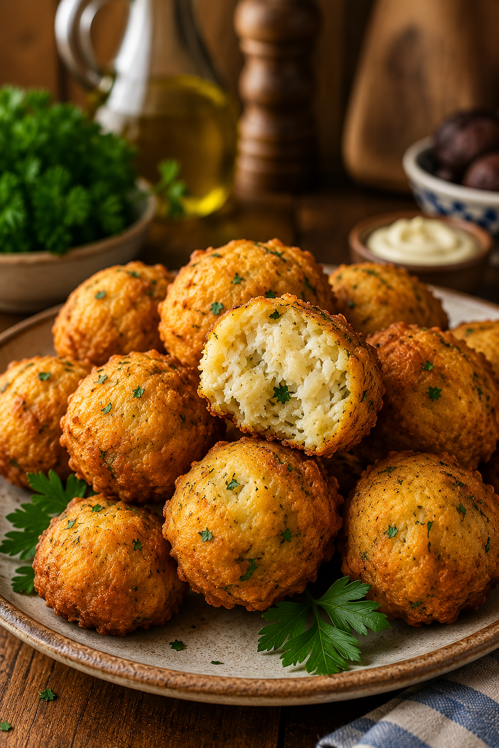 Bolinho de bacalhau crocante servido em prato rústico com aparência dourada e caseira