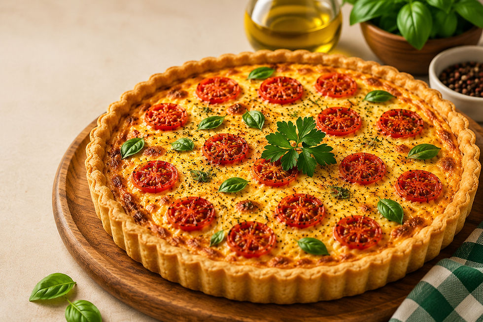Quiche de cogumelos dourada e cremosa, decorada com tomates cereja e folhas de manjericão, servida sobre uma tábua de madeira.