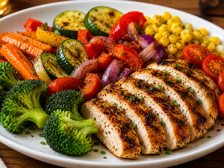 Frango grelhado com legumes coloridos servido em prato branco, receita saudável e nutritiva para almoço ou jantar.