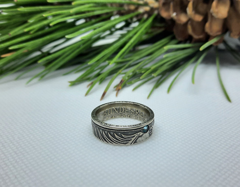 Thumbnail: Silver Eagle Ring made from a Germany 5 Deutschmark with Swarovski Topaz Paraiba