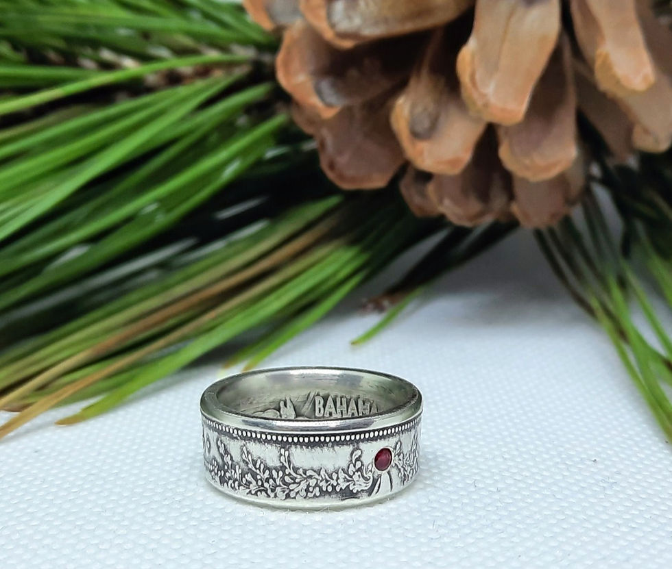 Thumbnail: Bahamas Queen Elizabeth II Conch Shell Silver Coin Ring with a 2 mm Ruby