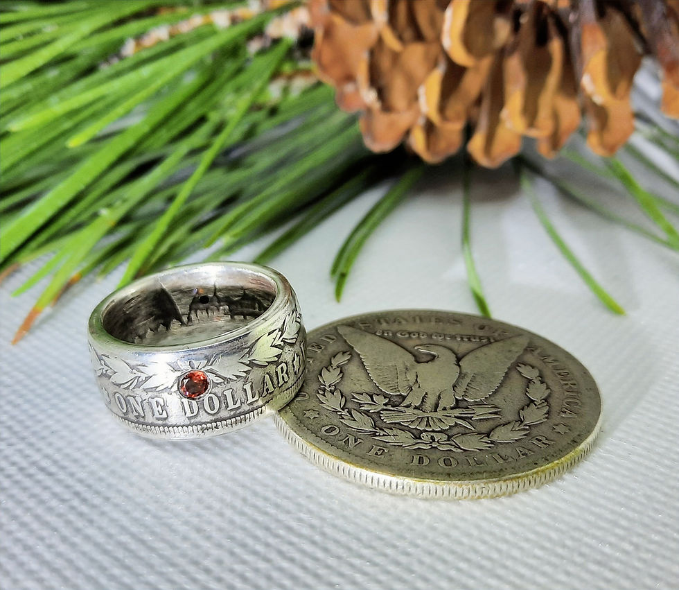 Thumbnail: Morgan Silver Dollar Coin Ring with Gemstone, (Fat Tire Look)
