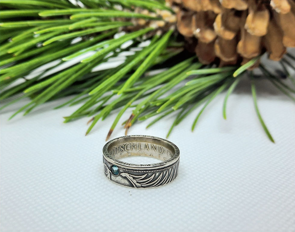 Thumbnail: Silver Eagle Ring made from a Germany 5 Deutschmark with Swarovski Topaz Paraiba