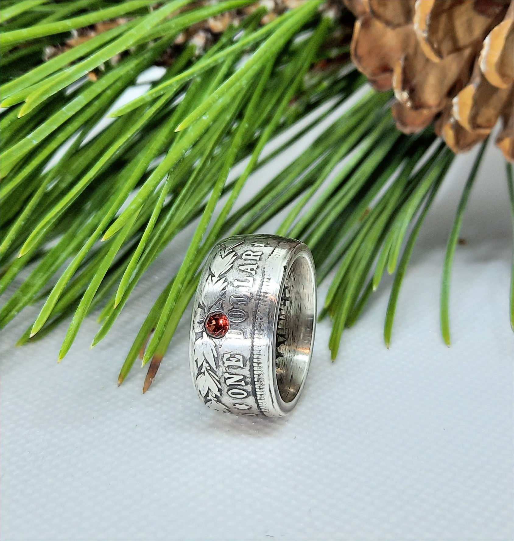 Morgan Silver Dollar Coin Ring with Gemstone, (Fat Tire Look)