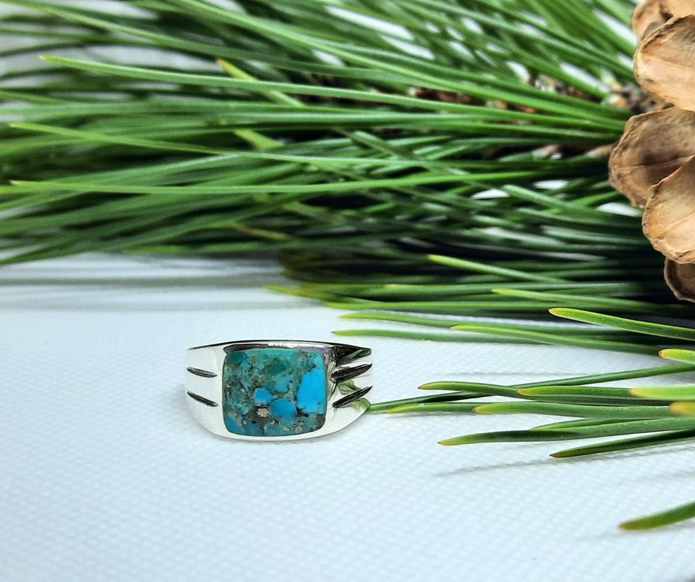 Genuine Turquoise Sterling Silver Ring with Square Stone & Lined Design