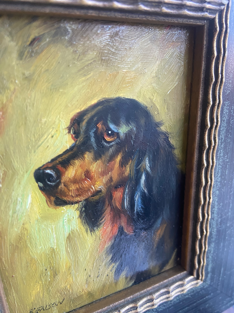 Thumbnail: Small Framed Oil on Board Setter Portrait Signed by Benson