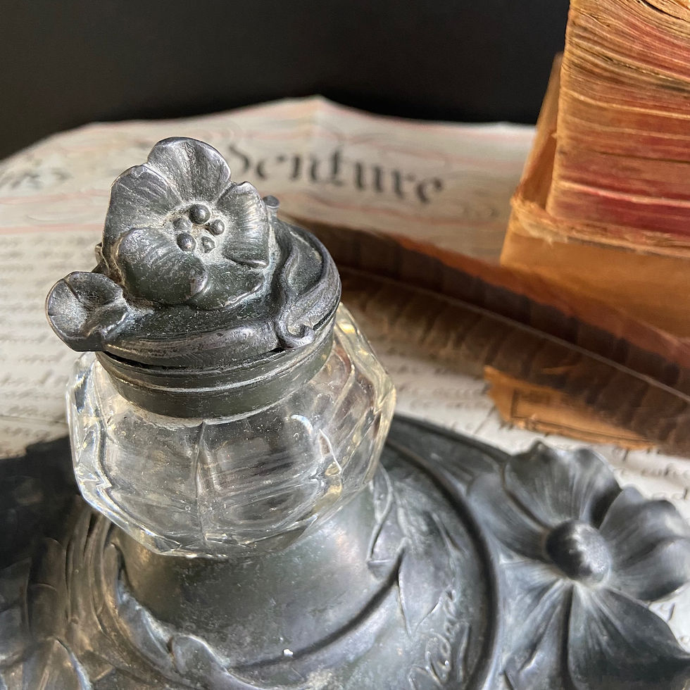 Thumbnail: Antique French Pewter and Glass Signed Inkwell 