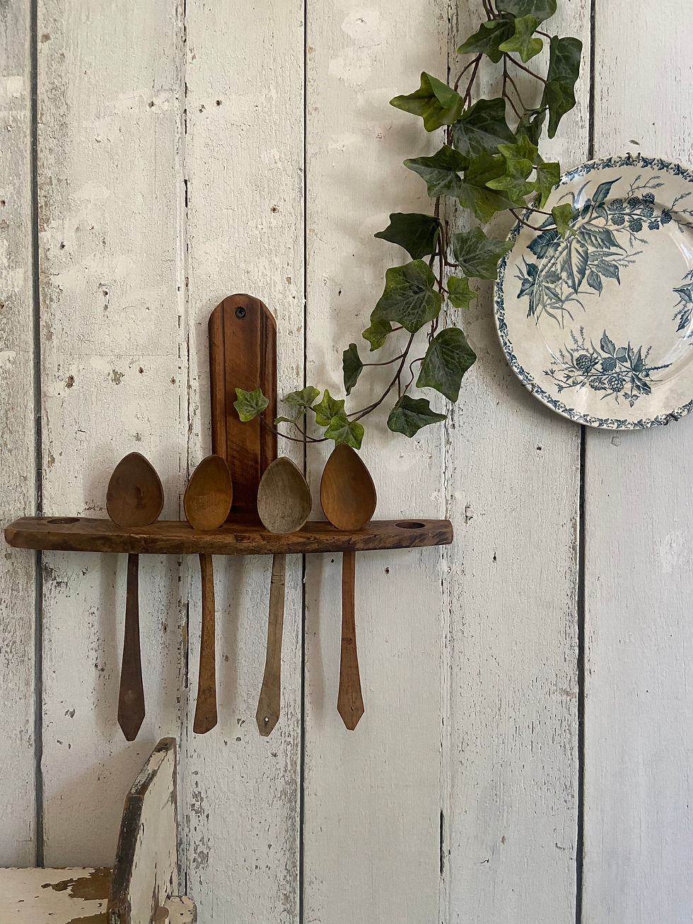 Thumbnail: Folk Art Wall Hung Spoon Rack and Spoons