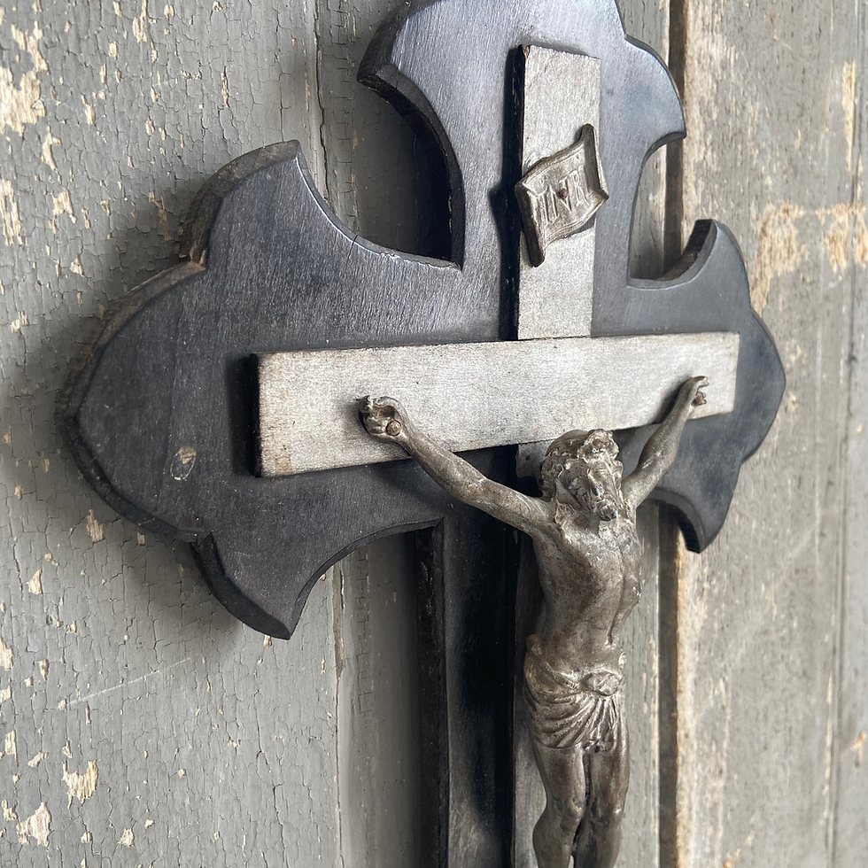 Thumbnail: Large French Wall Hung Wooden Crucifix with Holy Water Font
