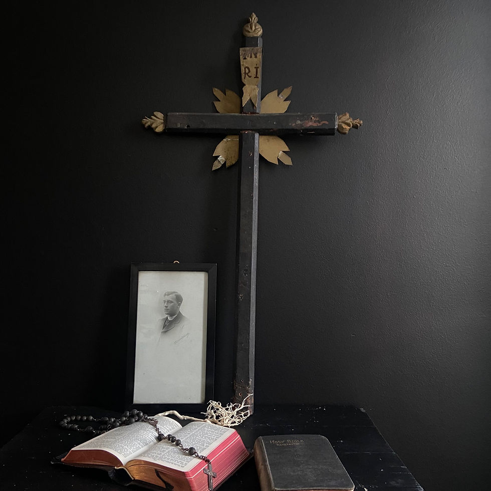 Thumbnail: Vintage Portuguese Hand Carved and Hand Painted Wooden Cross 