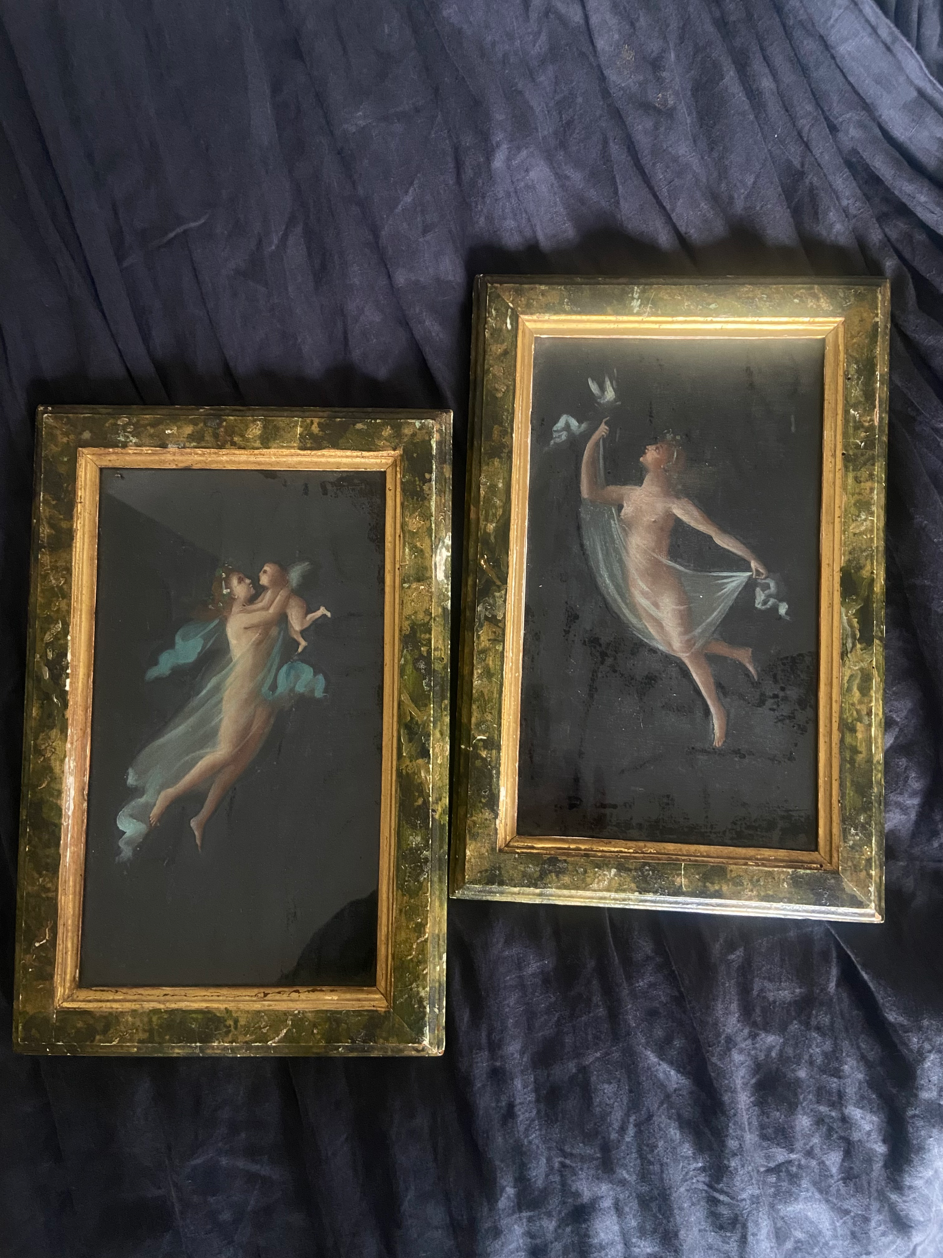 Italian Antique Grand Tour Oil on Paper Nymph Paintings 19th Century 