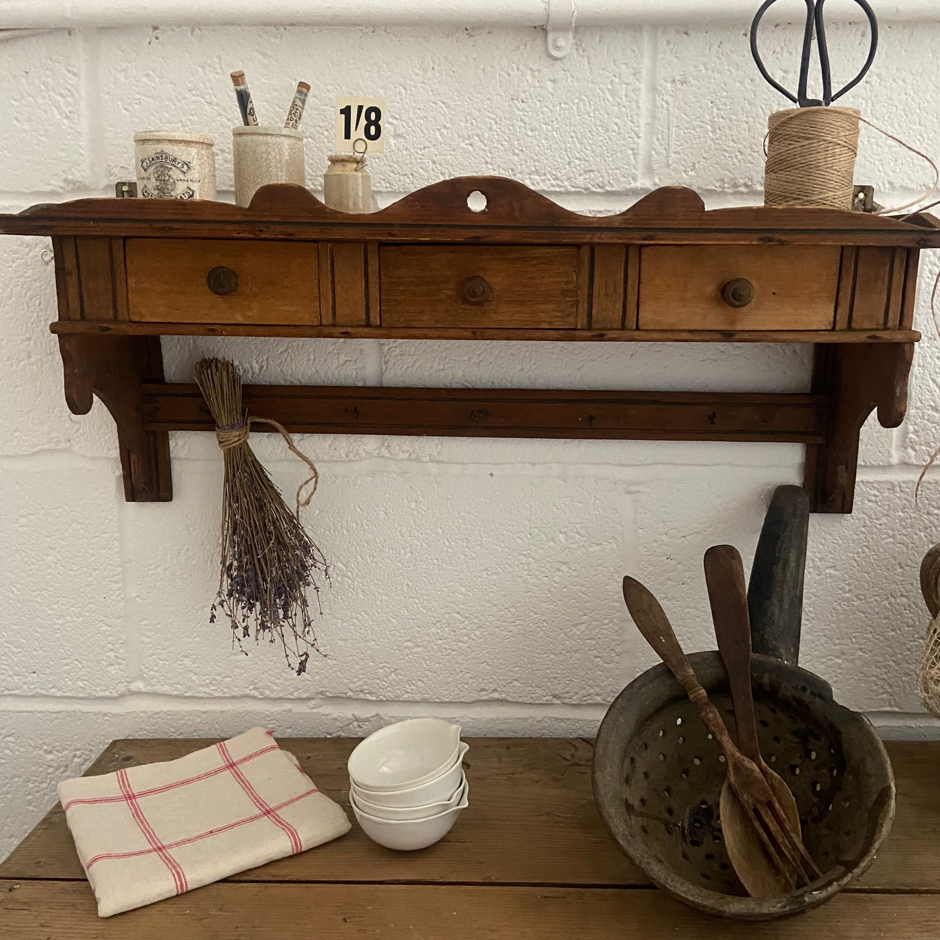 Small Vintage French Three Drawer Shelf and Hooks