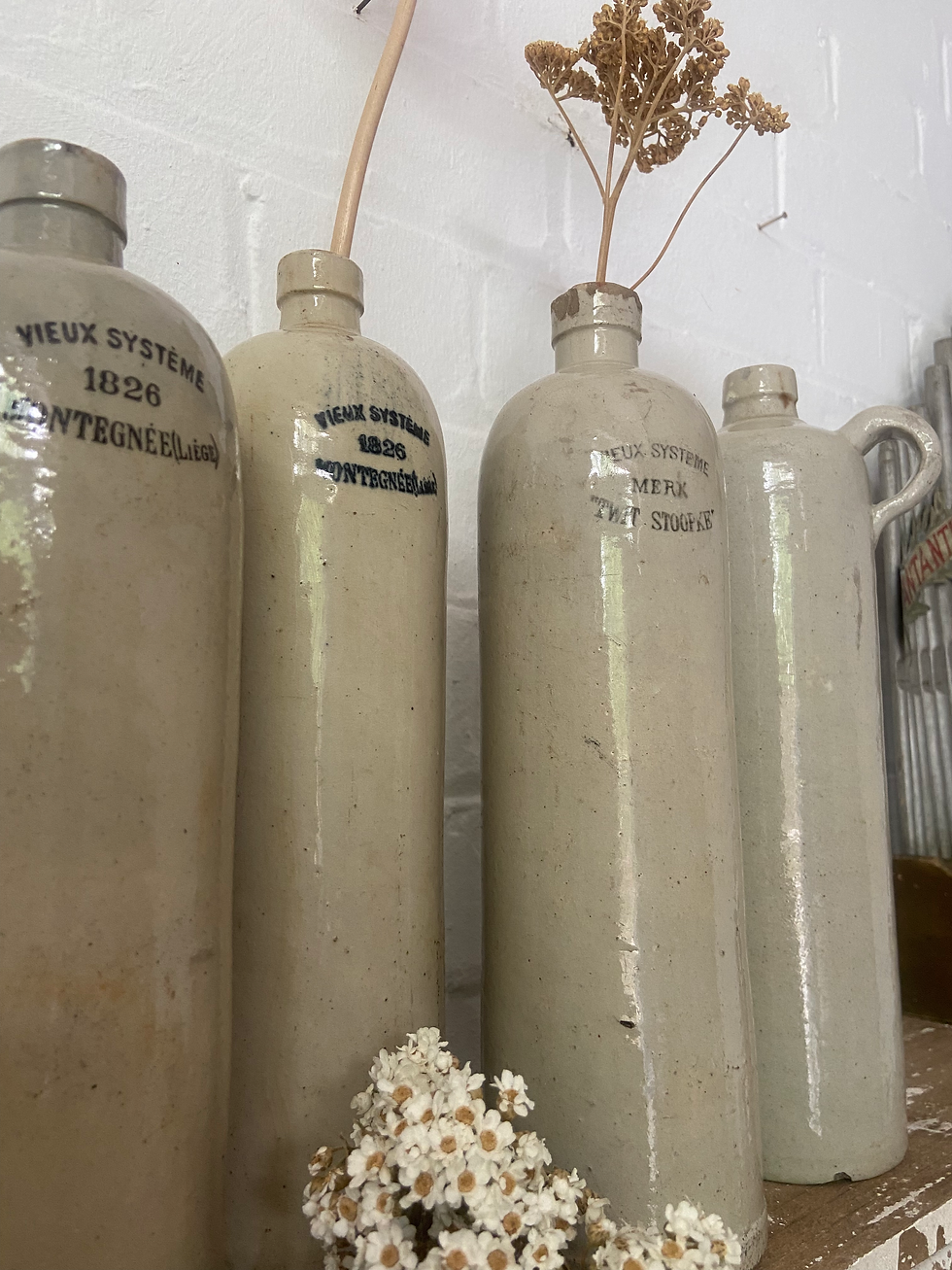 Vintage Stoneware Bottles with Typography