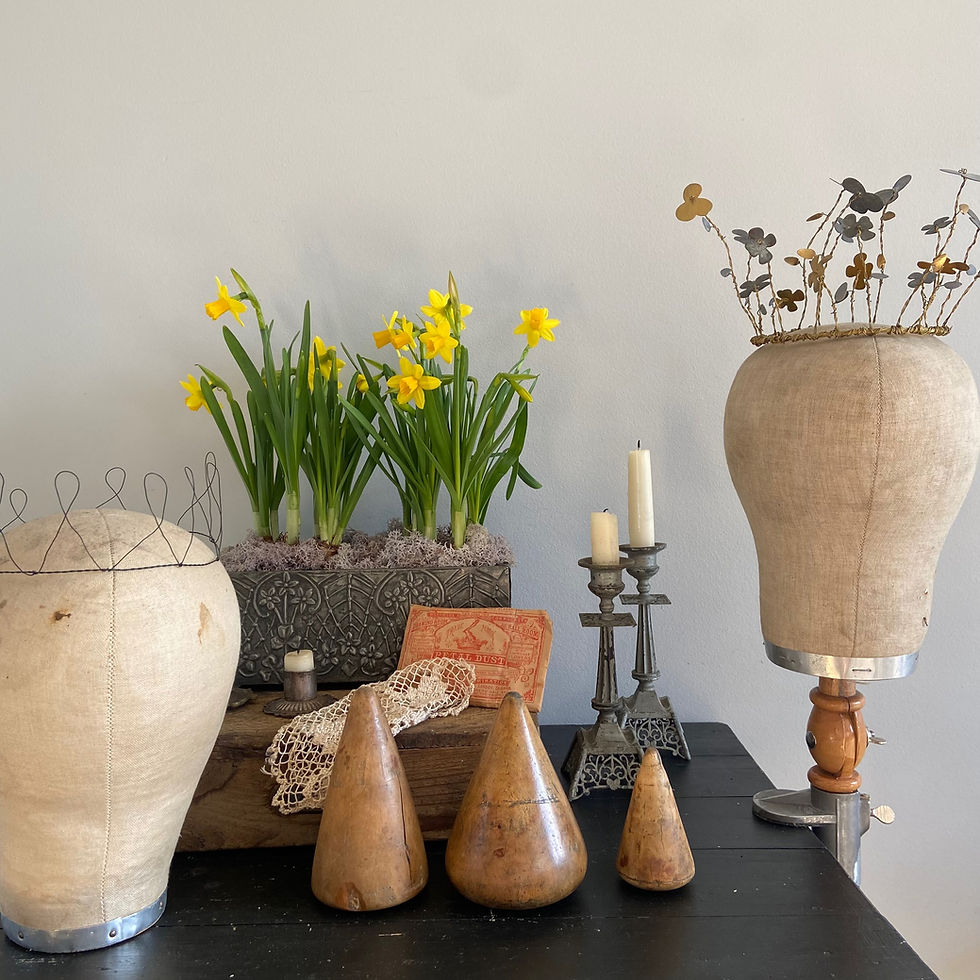 Thumbnail: Rare French Vintage Wig Makers Linen Covered Head on a Wood and Metal Table Cl