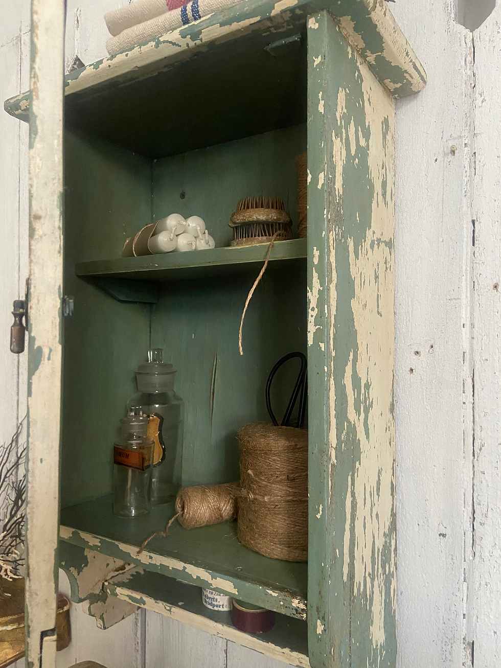 Thumbnail: Vintage Rustic Chippy Painted French Wall Cupboard 