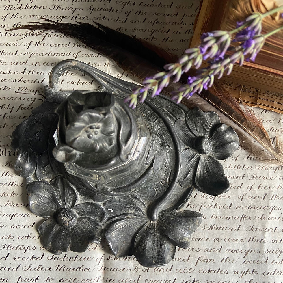 Thumbnail: Antique French Pewter and Glass Signed Inkwell 
