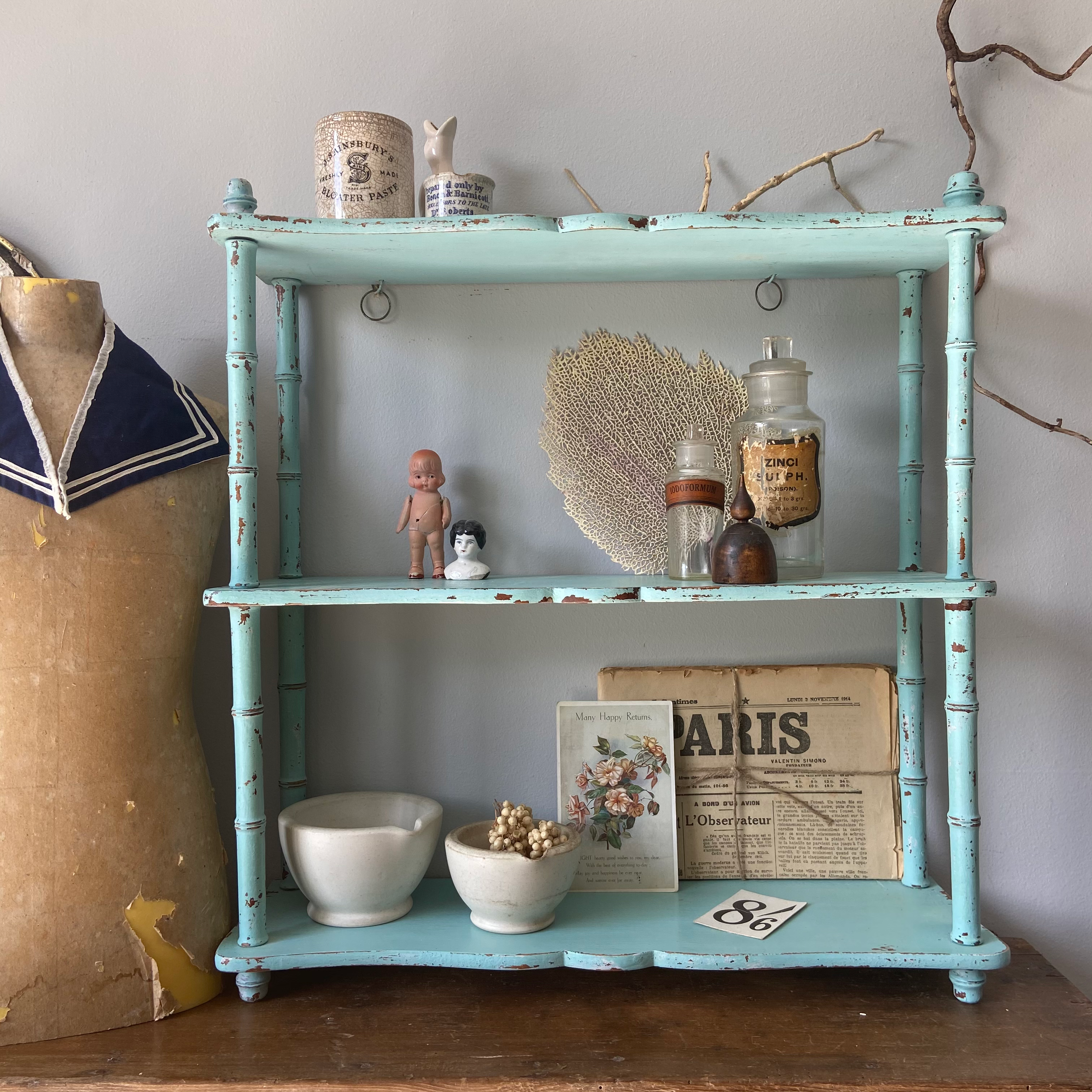 French Faux Bamboo Blue Painted Shelves