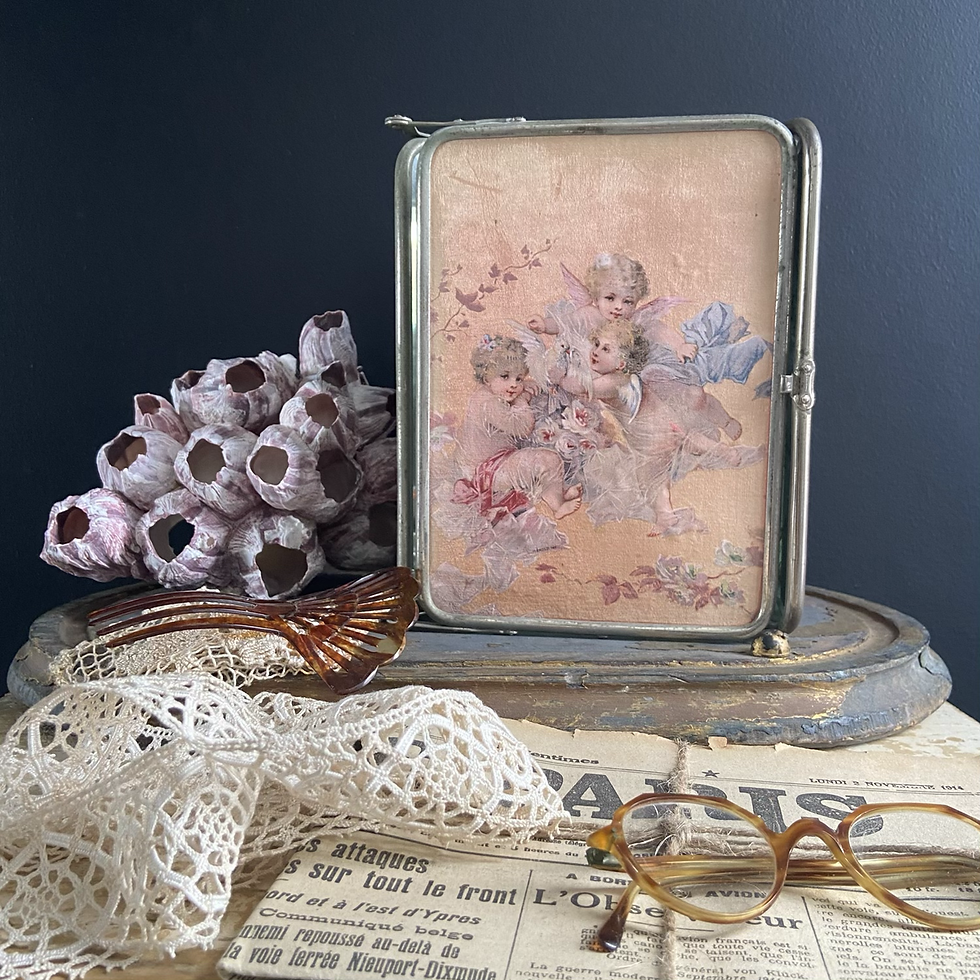 Thumbnail: French Boudoir Mirror. Decorated with Silk Depicting Cherubs