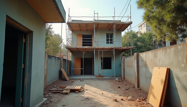 Eye-level view of a partially renovated house in Delhi showing construction materials and scaffolding