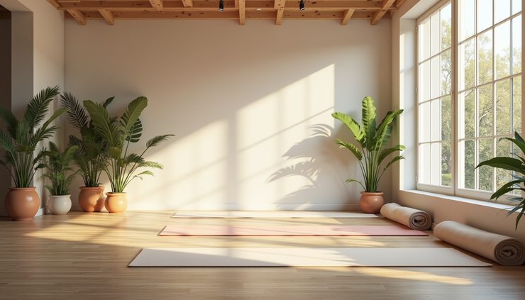 Eye-level view of a serene yoga studio with soft natural light and yoga mats arranged neatly
