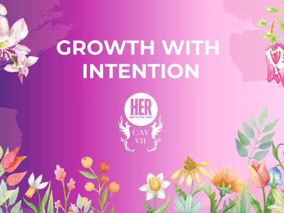Growing with intention text, with her seat at the table logo against a blue to pink gradient background with watercolor flowers 