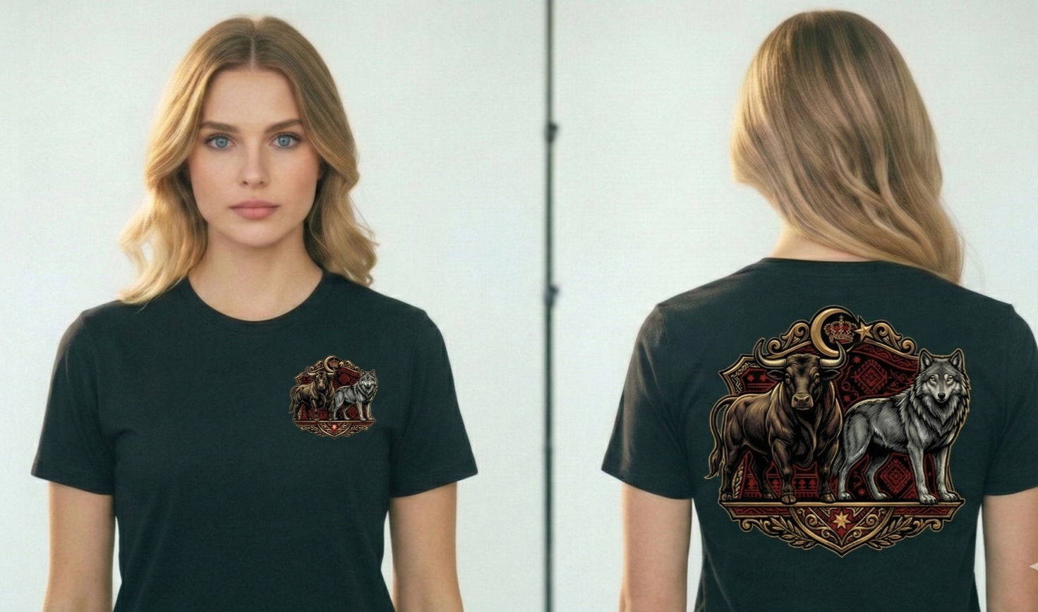 Çift taraf Boğa-Bozkurt Siyah Kadın-Erkek Tişört