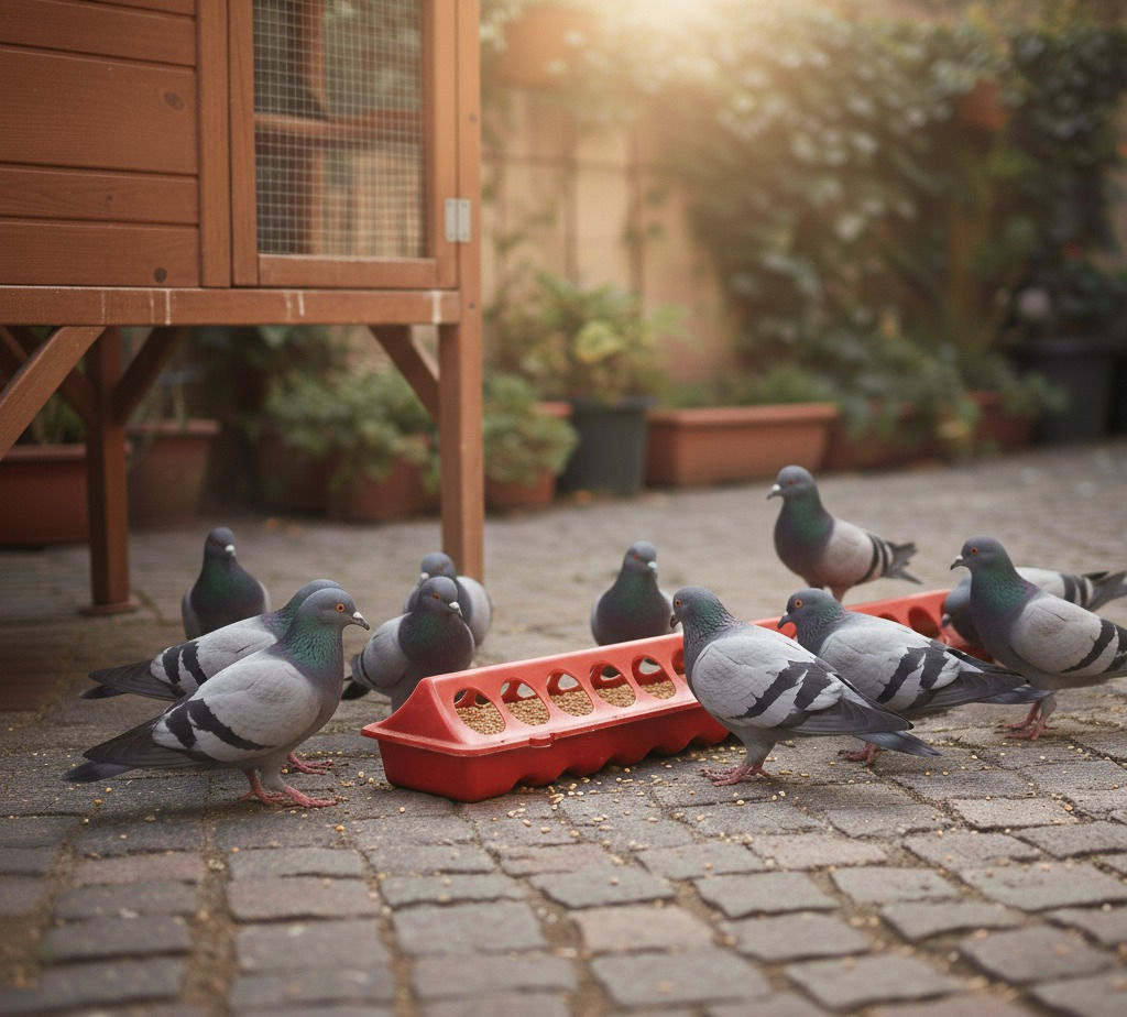 Taş zeminde kırmızı renkli 50 cm plastik kuş yemliği etrafında toplanmış beslenen güvercinler.