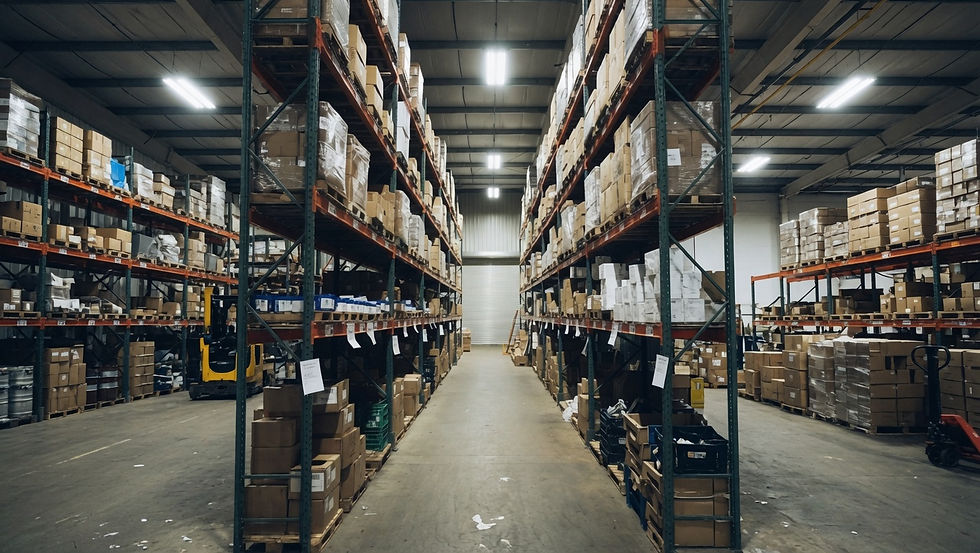 Eye-level view of warehouse shelves stocked with industrial supplies