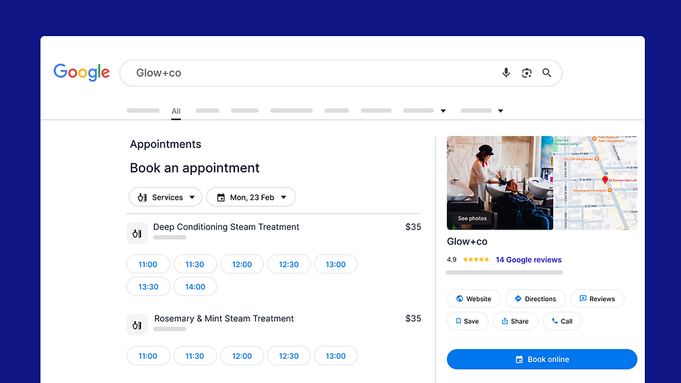 Example of searching to book a service with a business through Google