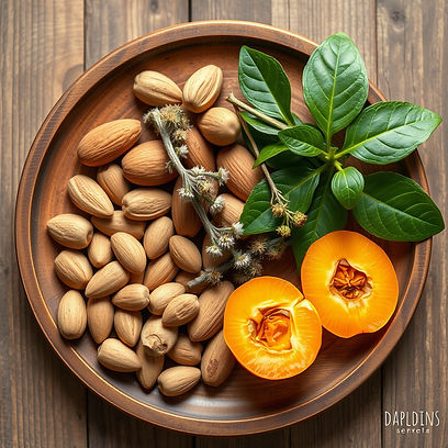 almond, jojoba, apricot seed, vitamin e images plants _together on a wooden platter.jpg