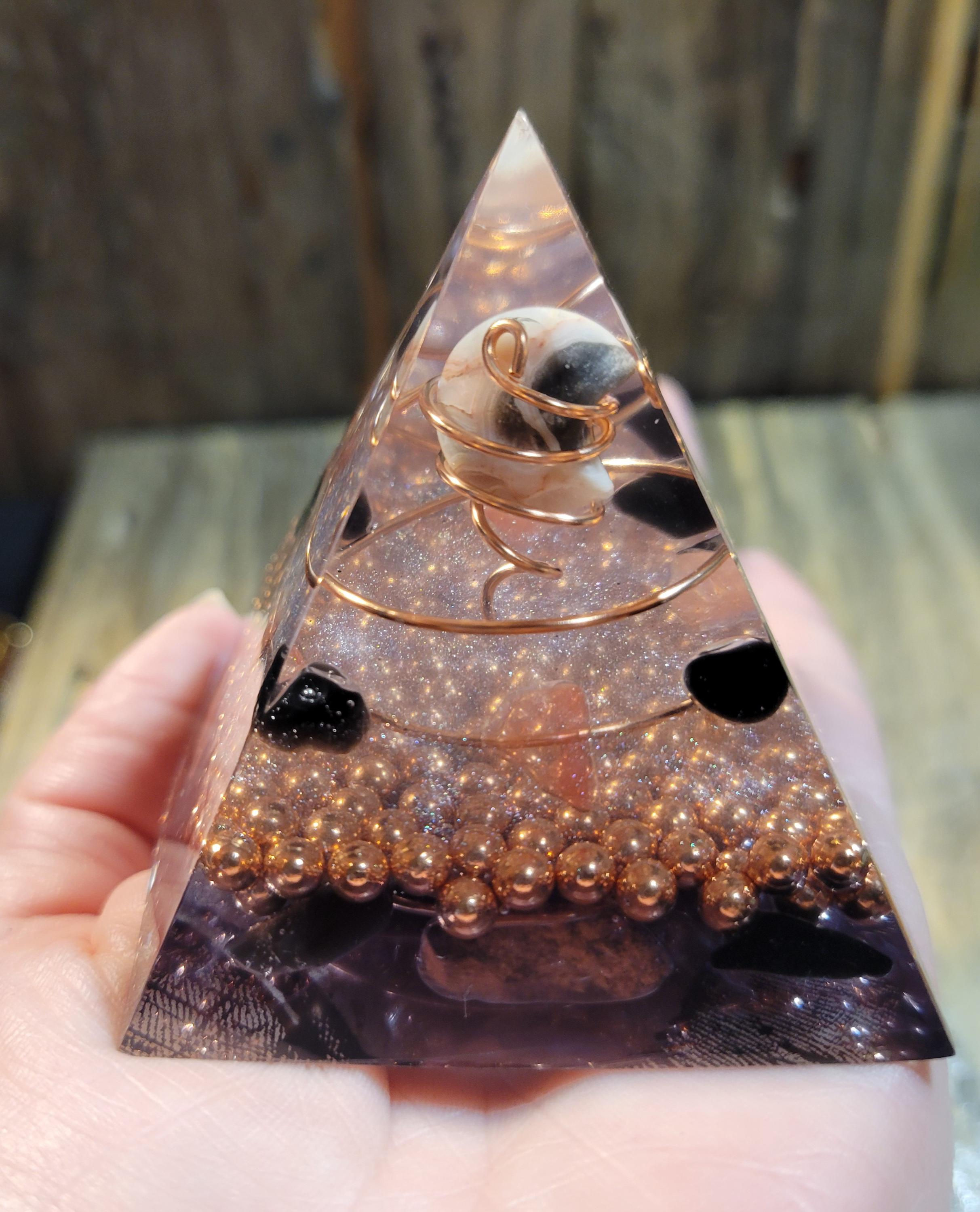 Orgonite Pyramid (Crazy Lace Agate Crescent Moon)