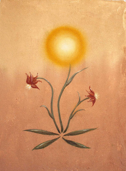 Minimalist painting of two red flowers with green stems reaching toward a radiant sun on a textured background in earthy terracotta tones.