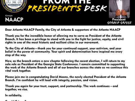 Georgia NAACP President Gerald Griggs ends his duel tenure as Atlanta NAACP President, thanks Atlanta