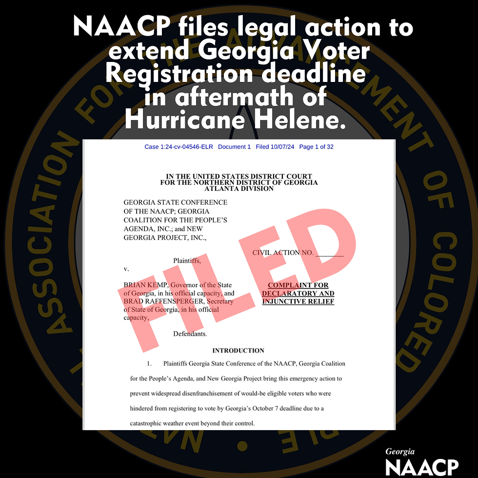 Last night, the NAACP and the Georgia State Conference of the NAACP led other key advocacy organizations in filing a joint complaint, and motion for a temporary restraining order to extend the voter registration period in the state of Georgia. The filing comes as millions of Georgia residents grapple with the devastating aftermath of Hurricane Helene.