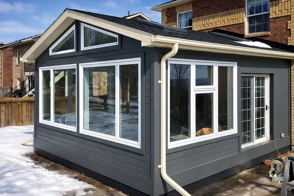 Modern gray sunroom extension with large windows and glass doors, surrounded by snow.