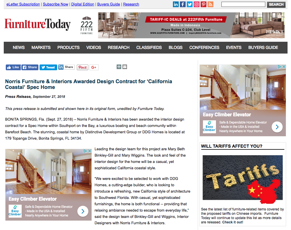 Furniture Today Norris Interiors Awarded Contract For Furniture Today Norris Interiors Awarded Contract For California Coastal Spec Home Fort Myers Digital Marketing Services Reframed Pr