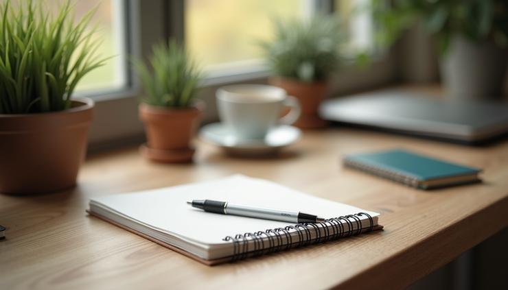 Eye-level view of a cozy workspace with a notebook and pen ready for a personal energy audit